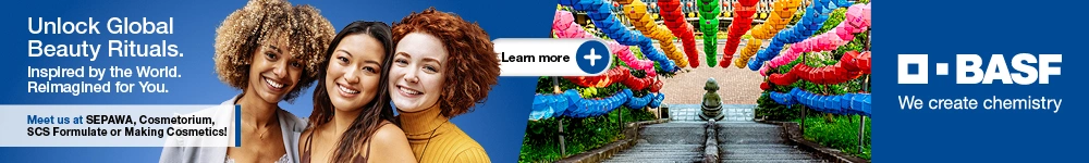 BASF banner featuring three diverse women, a colorful floral walkway, and the message “Unlock Global Beauty Rituals