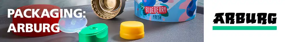 Arburg packaging banner featuring colorful molded plastic caps, a blueberry container, and the Arburg logo.