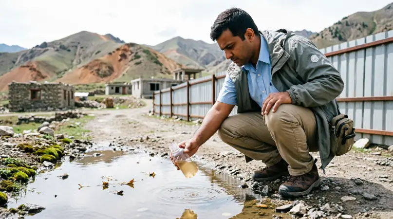 Public-health worker inspecting standing water near a construction site in Doda district amid rising dengue cases.
