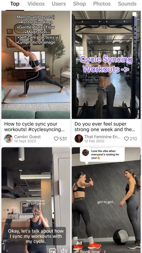 Screenshot of the TikTok search page showing videos in which content creators recommend women sync their workouts to their menstrual cycles